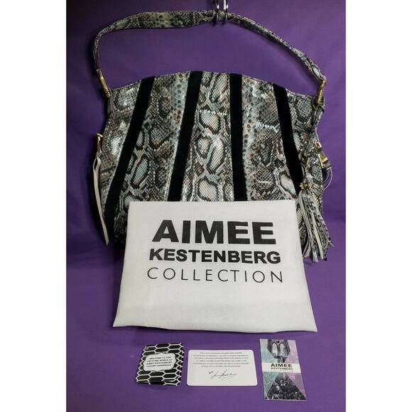 Aimee Kestenberg Tuscany Hobo Bag Gray Snake Print Leather & Black Suede Stripes - Picture 1 of 16